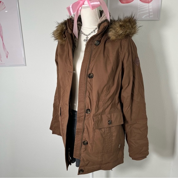 Hollister Brown Hooded Parka Jacket Faux Fur Trim Sherpa Lined Womens Small - Picture 2 of 9